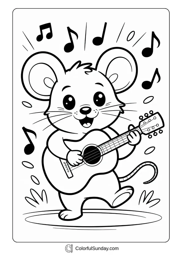 Pokemon Badges And Logo Coloring Page A cheerful mouse strums a guitar with musical notes floating above in this coloring page.