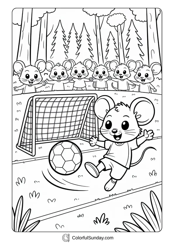 Pikachu From Pokemon Coloring Page A cute mouse kicks a soccer ball into the goal as other mice cheer in this lively coloring page.