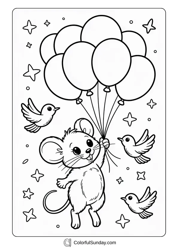 Pikachu From Pokemon Coloring Page Coloring page of a cute mouse flying with balloons while birds float nearby in the sky.