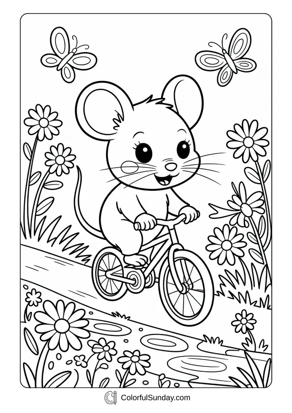 Pokemon Badges And Logo Coloring Page A mouse rides a bicycle along a garden path with butterflies and flowers in this coloring page.