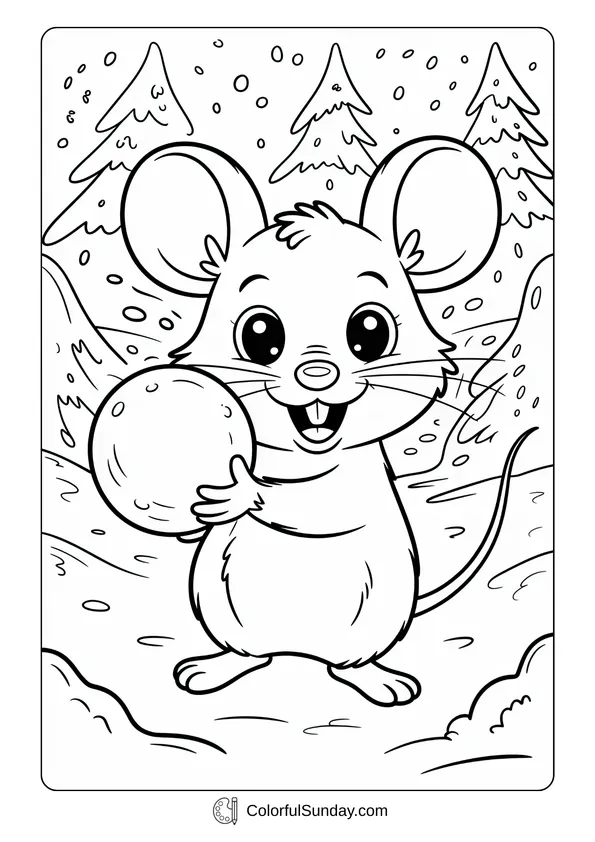 Pikachu From Pokemon Coloring Page In the snow, a cute mouse smiles holding a snowball ready for a playful snowball fight coloring page.
