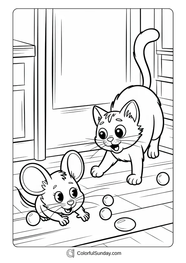 Pikachu From Pokemon Coloring Page A playful scene shows a mouse dodging a cat on a kitchen floor in this coloring page.