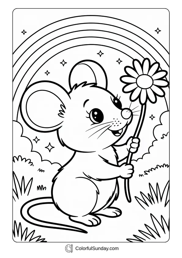 Pokemon Badges And Logo Coloring Page Under a rainbow, a mouse holds a daisy flower and smiles in this cheerful coloring page.