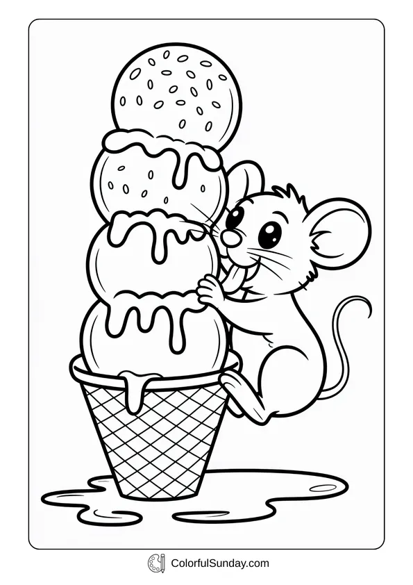 Pikachu From Pokemon Coloring Page Coloring page of a cute mouse licking a giant ice cream tower with scoops stacked high.
