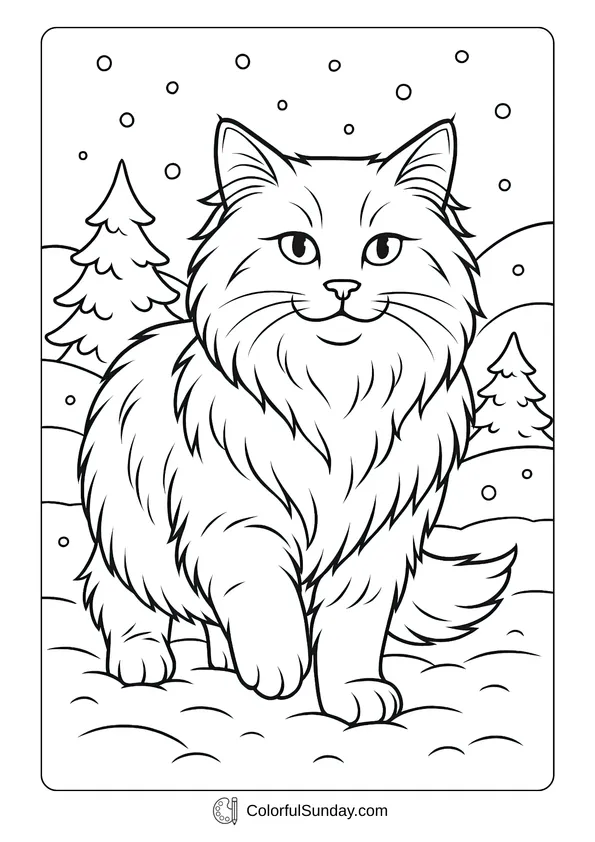 Pikachu From Pokemon Coloring Page A fluffy Norwegian Forest cute cat standing in the snow in a coloring page style.