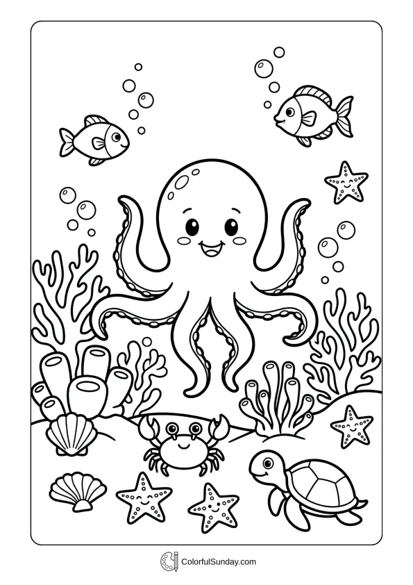 A coloring page featuring a cute octopus waving tentacles among coral, bubbles, and friendly sea creatures.
