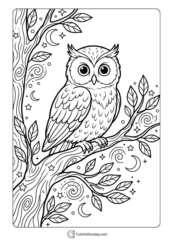 A coloring page featuring a cute owl perching on a branch with moons, stars, and swirling patterns.