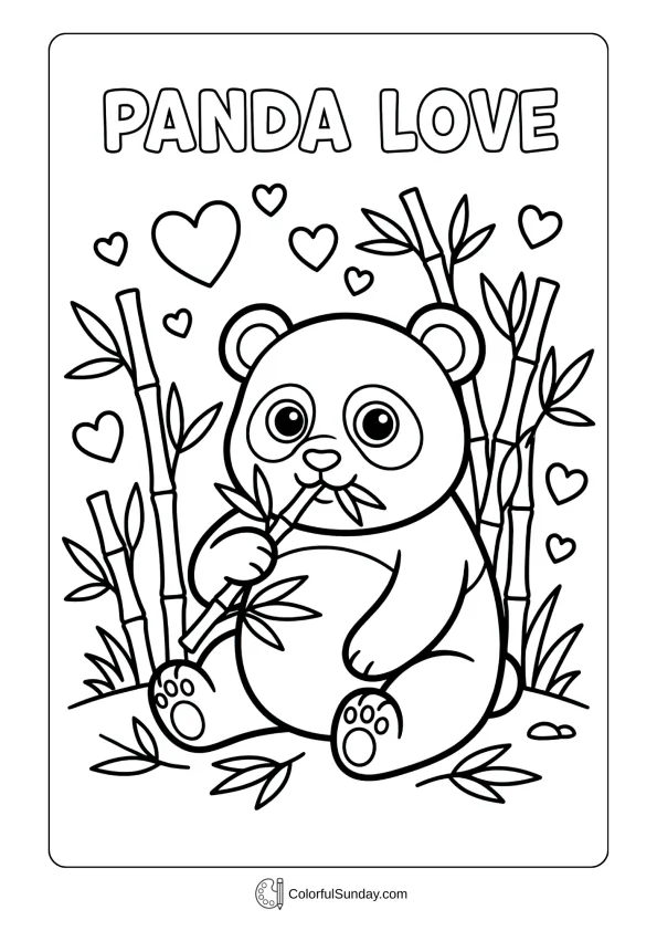 A cute panda munching bamboo coloring page while sitting among bamboo stalks and hearts.