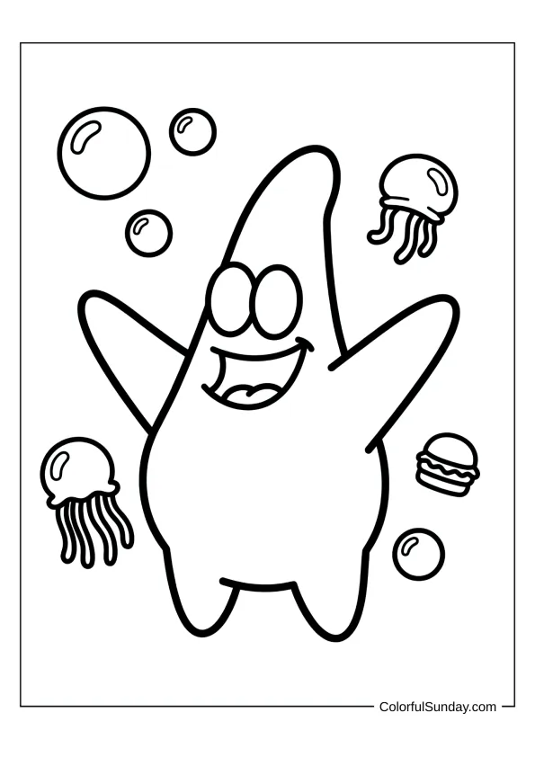 Super cute and simple Patrick smiling sweetly in an easy coloring page