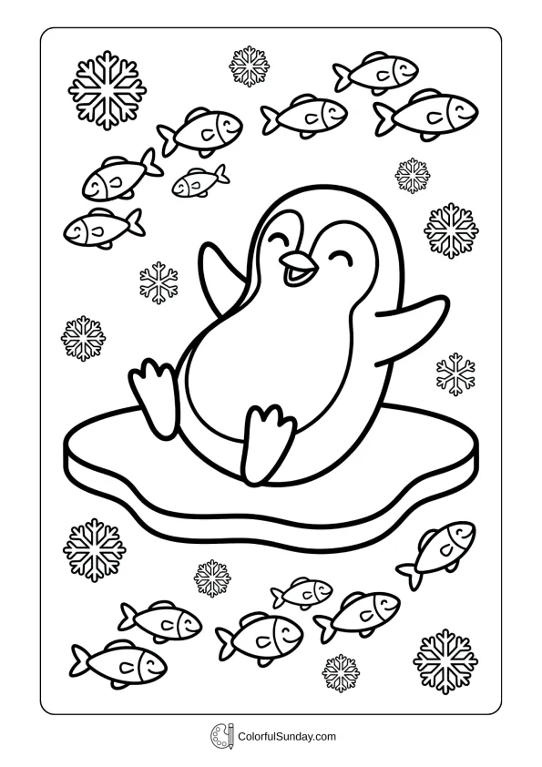 A cute penguin coloring page sliding on ice surrounded by snowflakes and friendly fish.