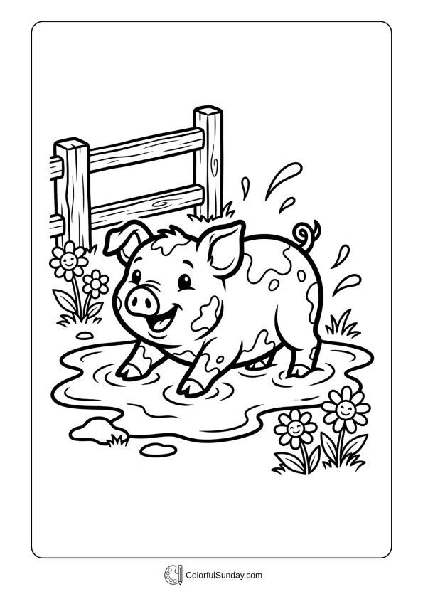 A cute piglet playing in mud coloring page with flowers, fences, and happy expressions.