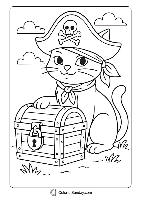 A coloring page of a pirate cute cat guarding a treasure chest with a smile.