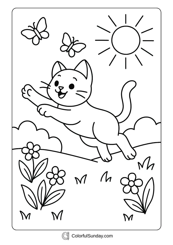 A playful cute kitten chasing butterflies under the sun in a coloring page style.