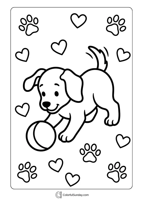 A cute puppy playing with a ball in this coloring page surrounded by paw prints and hearts.