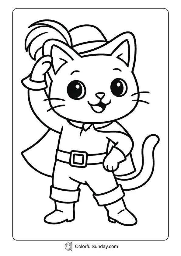 A brave cute cat dressed as Puss in Boots with a feathered hat and cape in a coloring page.