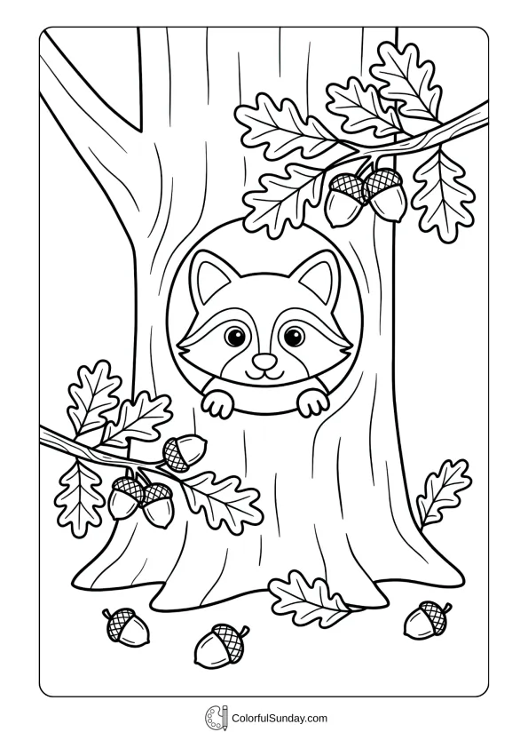 A cute raccoon peeking from a hollow tree coloring page with acorns and leaves.