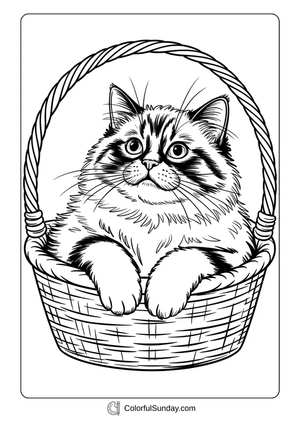 A coloring page of a Ragdoll cute cat sitting inside a woven basket.