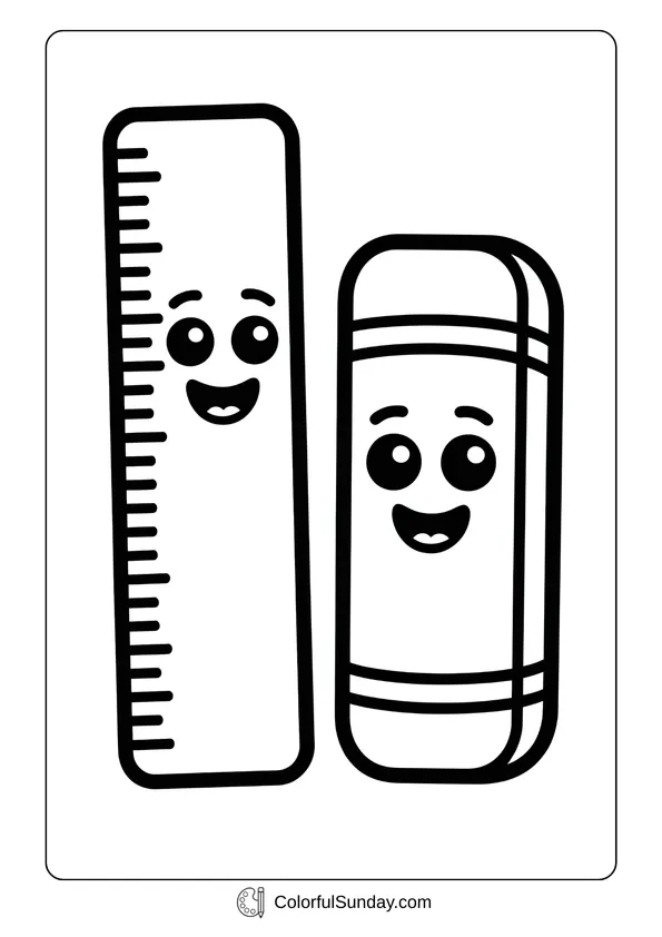 Cute ruler and eraser with smiling faces, playful school supplies coloring page.