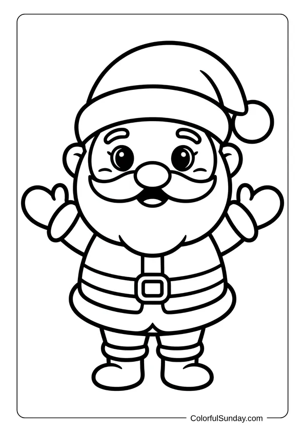 Cute Santa Claus with big eyes and open arms created for toddlers, shown in a simple coloring page.