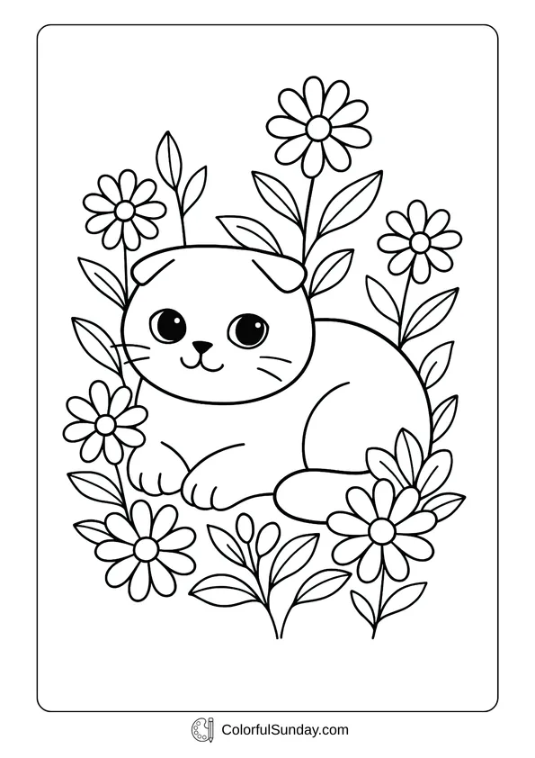 Pikachu From Pokemon Coloring Page A sweet Scottish Fold cute cat surrounded by blooming flowers in a coloring page style.
