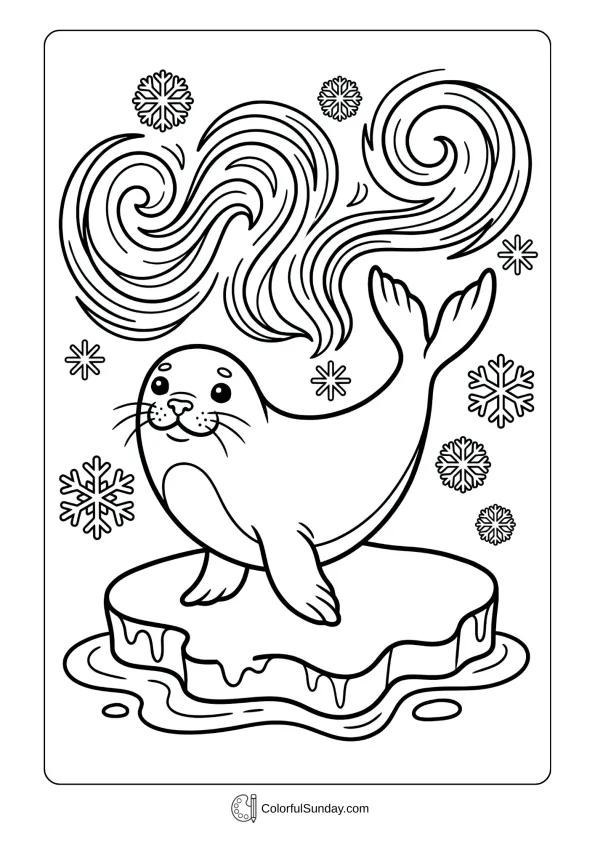 A coloring page featuring a cute seal balancing on ice with snowflakes and northern light patterns.