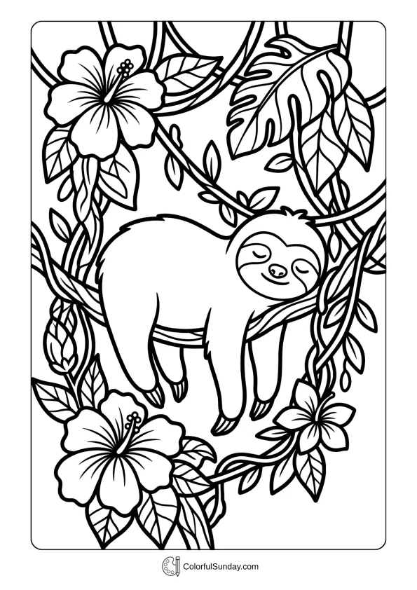 A coloring page featuring a cute sloth hanging from vines with tropical flowers and sleepy expressions.