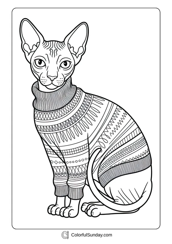 A hairless Sphynx cute cat wearing a patterned sweater in a coloring page style.