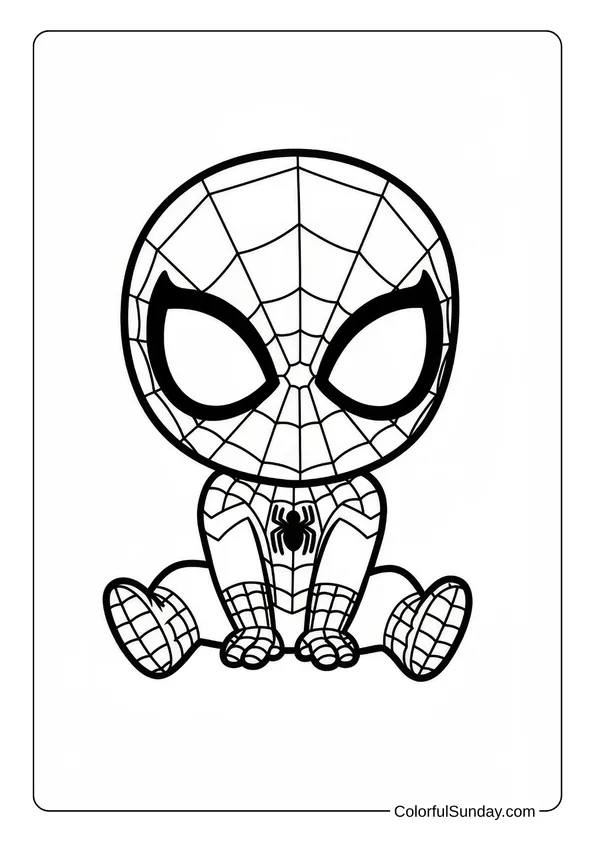 Cute chibi-style Spider-Man sitting down, perfect for a fun coloring page.