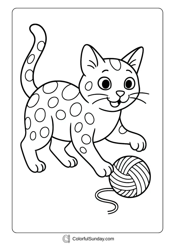 A spotted cute cat chasing and playing with yarn in a fun coloring page drawing.