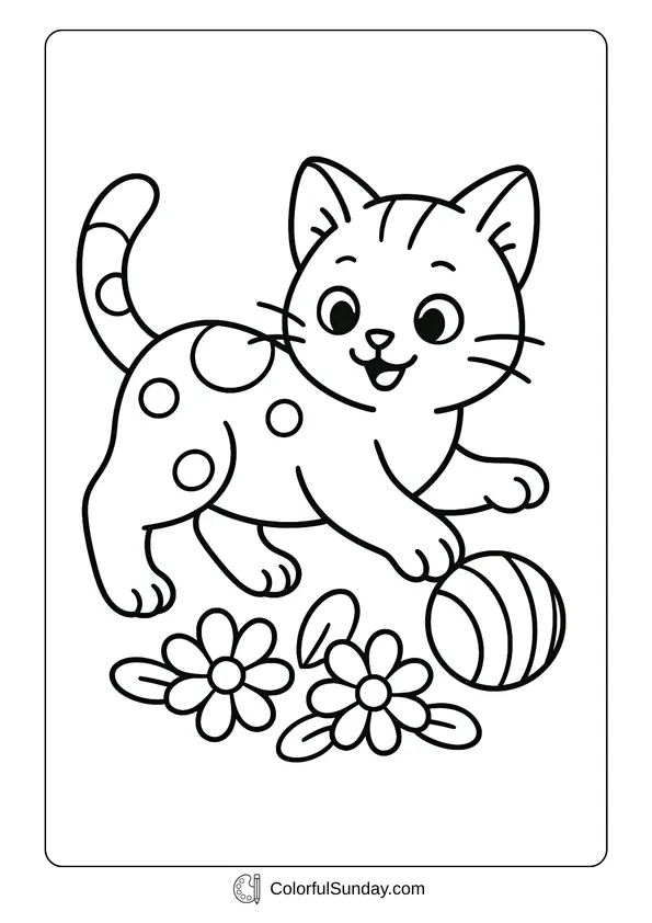 Pokemon Badges And Logo Coloring Page A coloring page of a spotted cute kitten playing with a ball beside flowers.