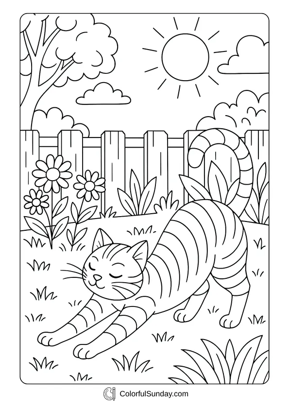 A striped cute cat stretching in a backyard garden with flowers and sunshine, coloring sheet style.