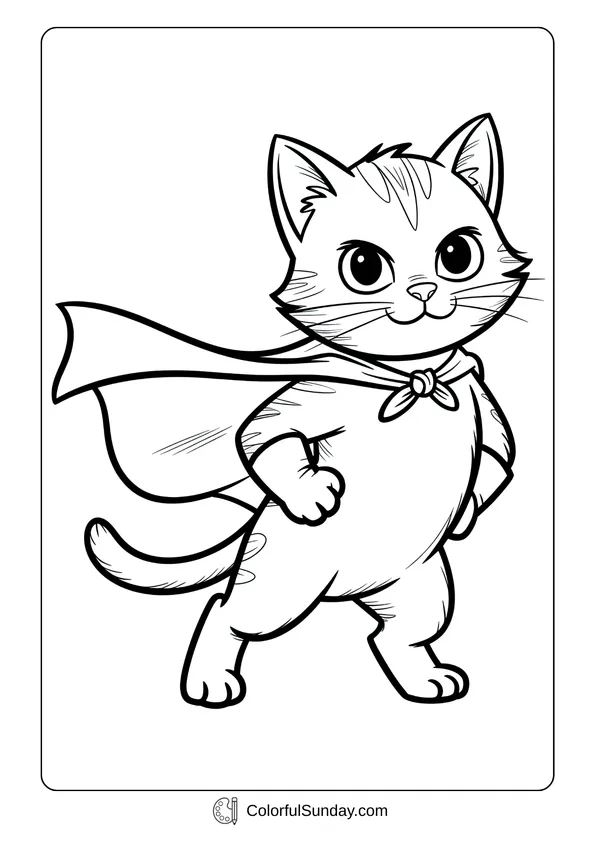 A brave cute cat dressed as a superhero with a cape in a coloring page style.
