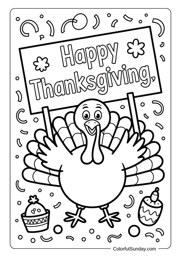 A cheerful turkey holding a Happy Thanksgiving sign surrounded by confetti in a festive coloring page.