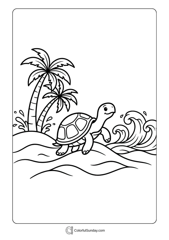 A coloring page of a cute turtle crawling on sand with palm trees and ocean waves nearby.