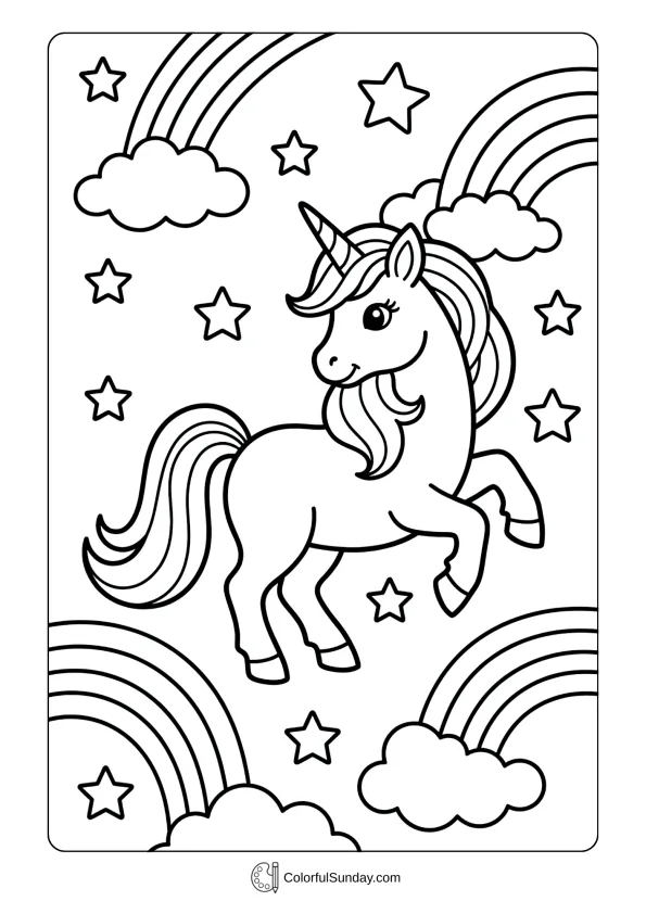 A coloring page featuring a cute unicorn prancing among stars, clouds, and rainbow patterns for kids to color.