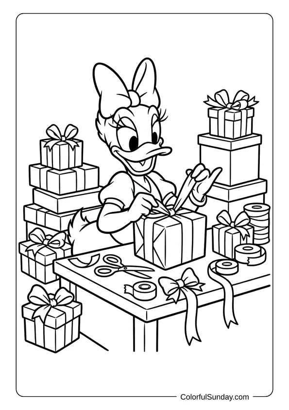 A Disney Christmas coloring page of Daisy Duck wrapping presents with festive ribbons and bows for gift exchange.