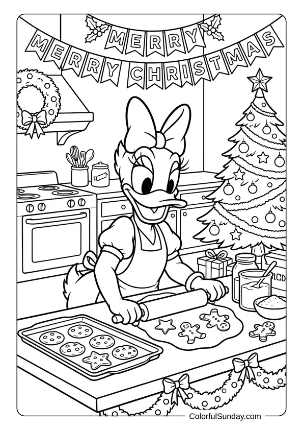 Daisy Duck bakes Christmas cookies in a holiday kitchen during Disney Christmas in a cozy coloring book page