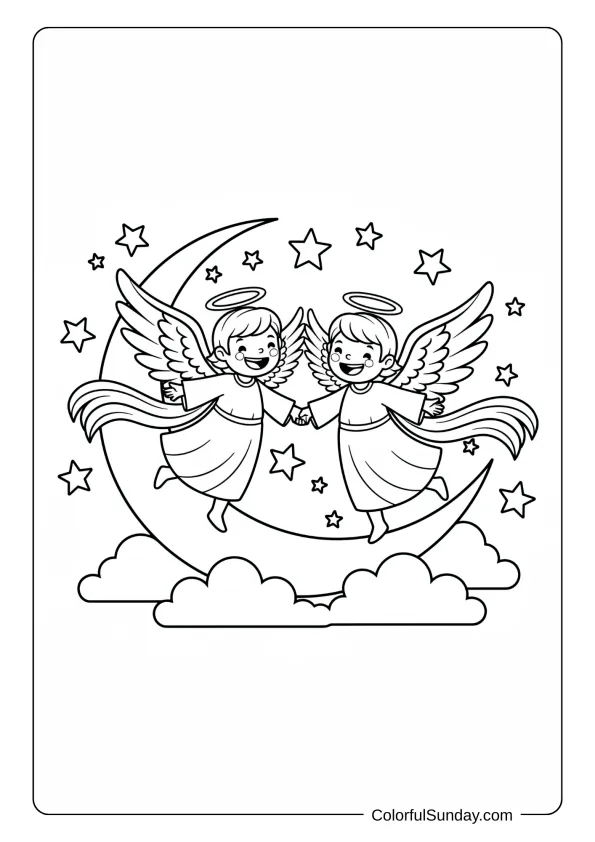 A coloring page of dancing angels on a crescent moon holding hands surrounded by stars.
