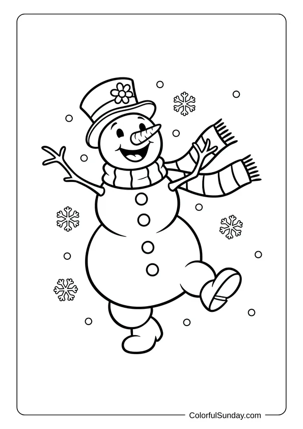 A Frosty snowman coloring page featuring the winter character in a happy pose.