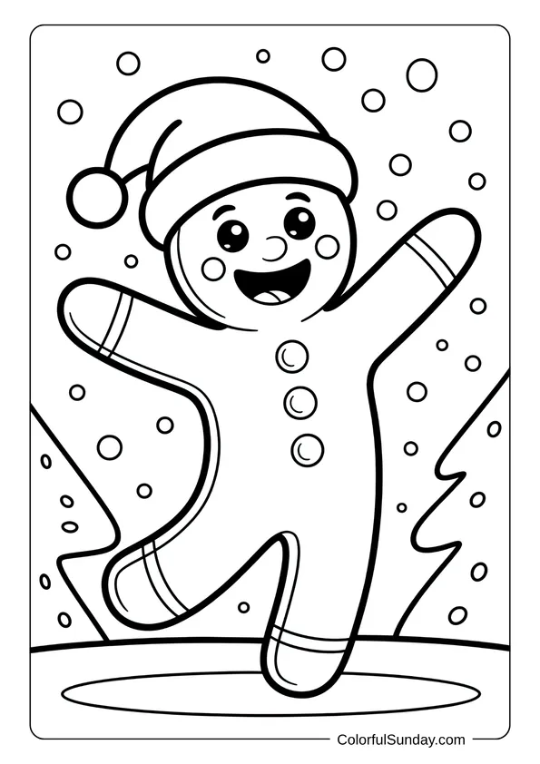 A happy gingerbread man dancing in the snow with trees behind him, shown in a Christmas coloring page.