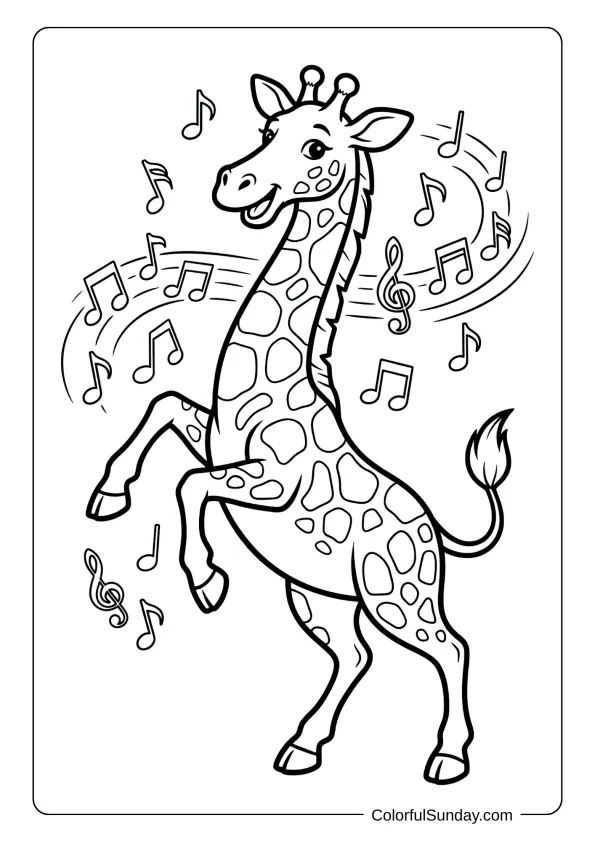 A coloring page of a joyful giraffe dancing on hind legs with musical notes floating all around.