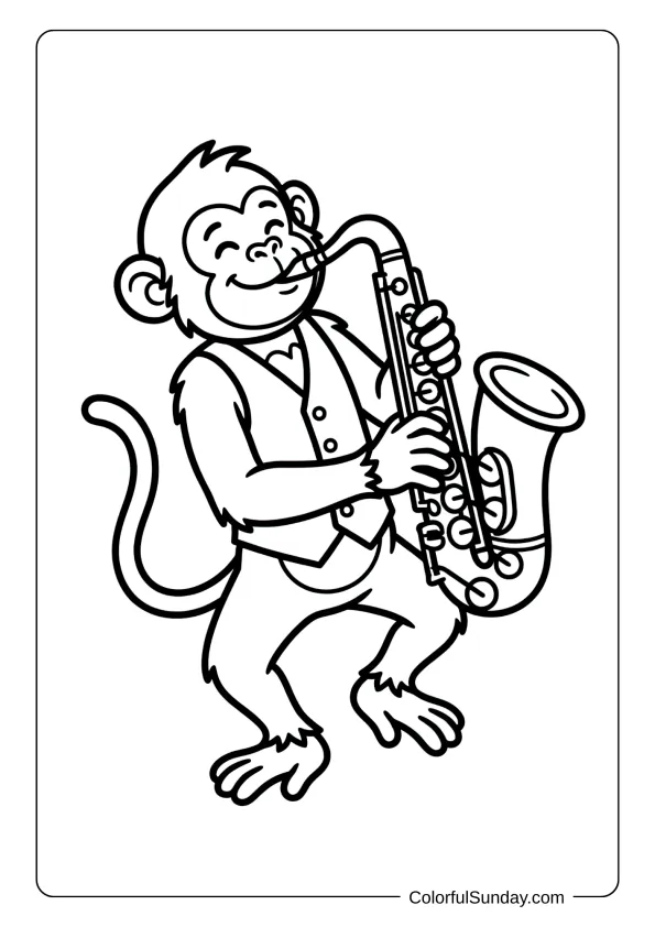A monkey coloring page in a vest playing a saxophone while dancing joyfully coloring page.
