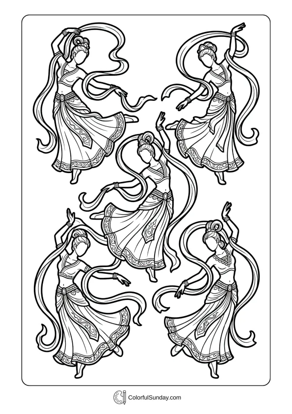 Graceful dancers twirling ribbons during Chinese New Year parade coloring picture
