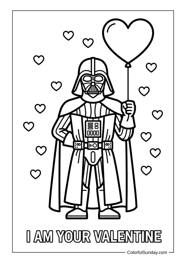 Darth Vader with heart balloon in a coloring page