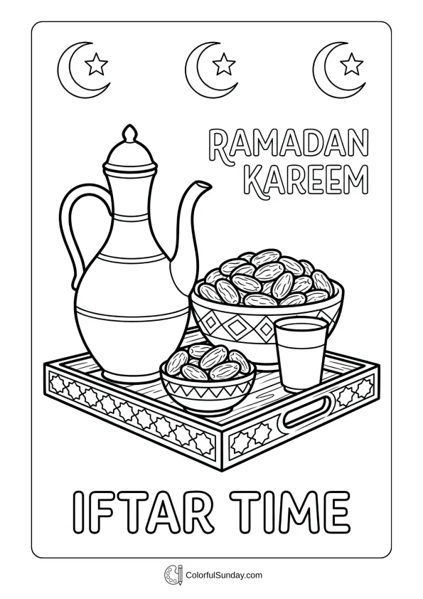 Traditional dates and water pitcher for breaking Ramadan fast coloring page