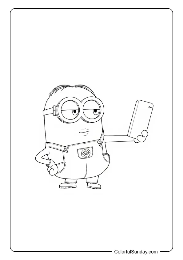 Dave the Minion holding a smartphone for a selfie in a fun and expressive Minions coloring page.