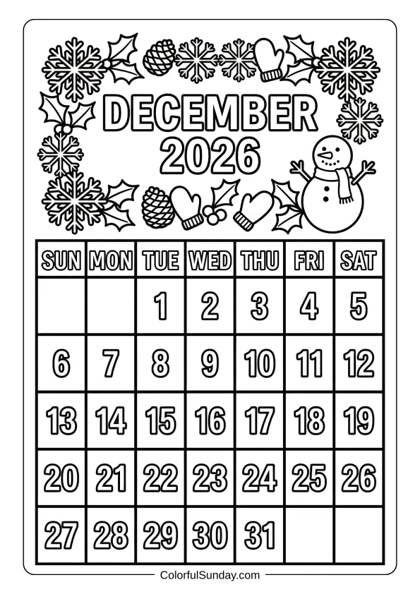 December 2026 winter calendar coloring page with snowman and mittens printable coloring page