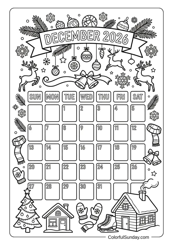December 2026 Christmas calendar coloring page with ornaments and reindeer printable coloring page
