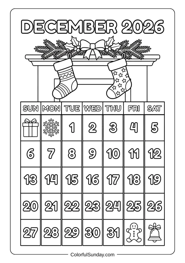 December 2026 Christmas fireplace calendar coloring page with stockings printable coloring page