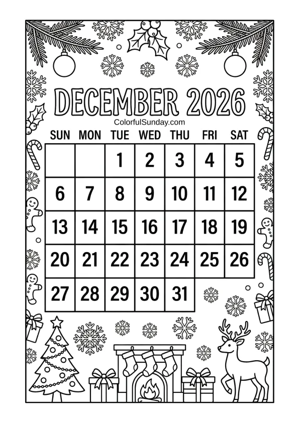 December 2026 winter wonderland calendar coloring page with snowflakes and deer printable coloring page